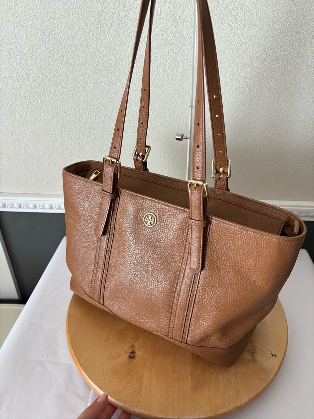 Tory Burch Tan Pebbled Leather Double-Strap Tote